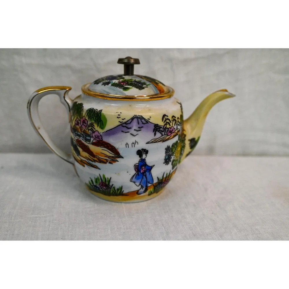 Vintage Japanese Tea Pot Hand Painted Landscape Mount Fuji Gold Trim Yellow Blue